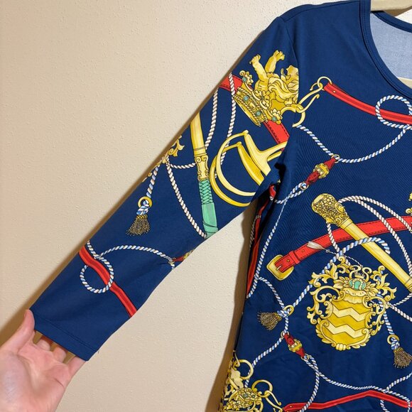 J McLaughlin Catalina Cloth Blue Equestrian Lion Rope Signature 3/4 Sleeve Tee - Picture 5 of 13